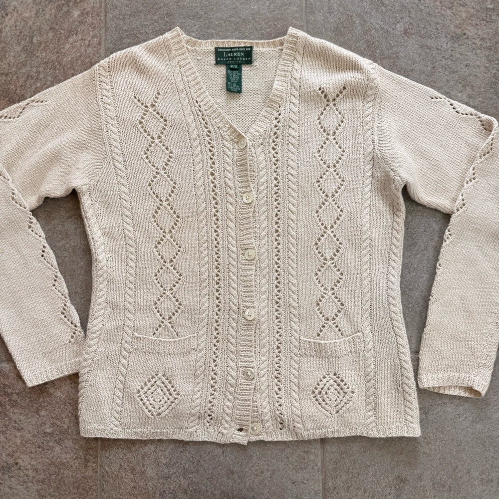Lauren Ralph Lauren Knit Cream Openwork Cable Button-Front Cardigan Size Small